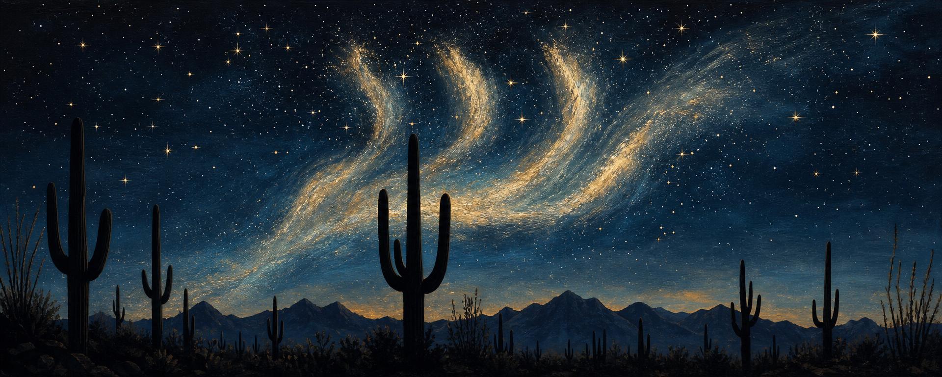 Saguaro cacti under a Milky Way sky forming the Hebrew letter Shin